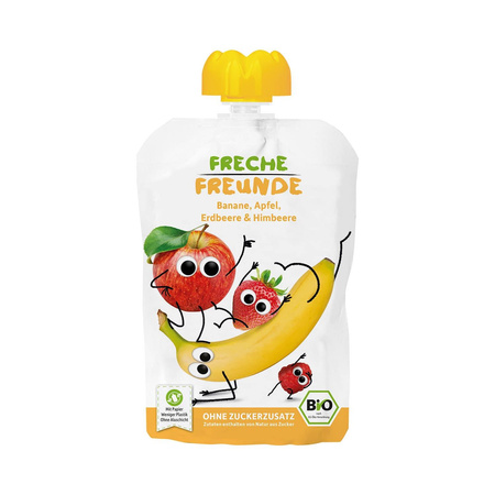 MUS BANAN - JABŁKO - TRUSKAWKA - MALINA BEZ DODATKU CUKRÓW BEZGLUTENOWY OD 6 MIESIĄCA BIO 100 g - FRECHE FREUNDE
