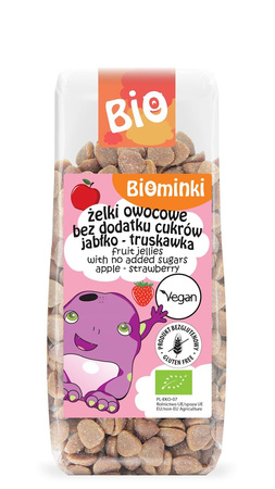 ŻELKI OWOCOWE BEZ DODATKU CUKRÓW JABŁKO - TRUSKAWKA BEZGLUTENOWE BIO 150 g - BIOMINKI