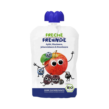 MUS JABŁKO - JAGODA - CZARNA PORZECZKA - JEŻYNA BEZ DODATKU CUKRÓW BEZGLUTENOWY OD 6 MIESIĄCA BIO 100 g - FRECHE FREUNDE