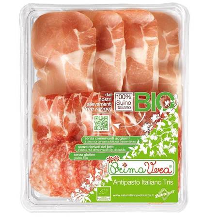 (SALAMI MILANO + KARCZEK DOJRZEWAJĄCY COPPA DI PARMA + SZYNKA PROSCIUTTO CRUDO) MIX PLASTRY BEZGLUTENOWE BIO 120 g - PRIMAVERA