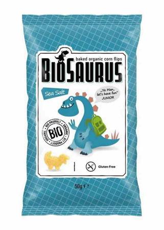 CHRUPKI KUKURYDZIANE DINOZAURY Z SOLĄ MORSKĄ BEZGL. BIO 50 g - BIOSAURUS