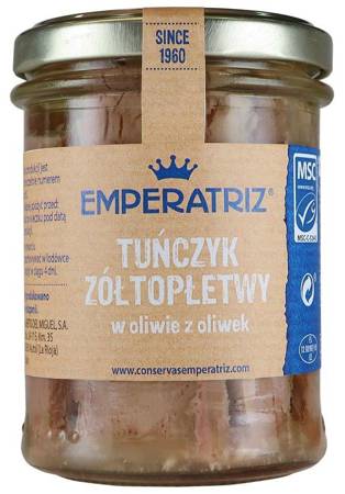 TUŃCZYK ŻÓŁTOPŁETWY MSC W OLIWIE Z OLIWEK 200 g (130 g) (SŁOIK) - EMPERATRIZ